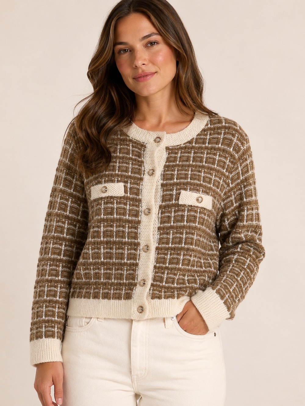 Snowflake S/M Brown Cream Tweed Knit Cardigan Gold Crest Buttons